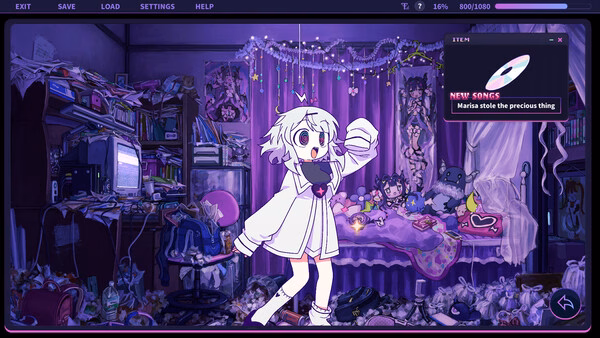 screenshot of Yunyun Syndrome!? Rhythm Psychosis showing a white-haired anime girl in a cluttered purple room.