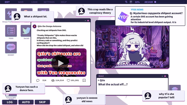 Screenshot of Yunyun Syndrome!? Rhythm Psychosis showing a white-haired girl in a dark chatroom with social media posts.