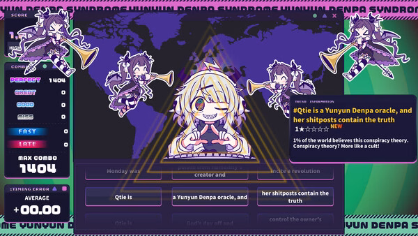 screenshot of Yunyun Syndrome!? Rhythm Psychosis showing an anime girl and rhythm game UI.