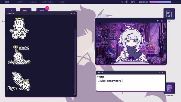 Yunyun Syndrome!? Rhythm Psychosis screenshot: anime girl with white hair in purple room and dialogue box.