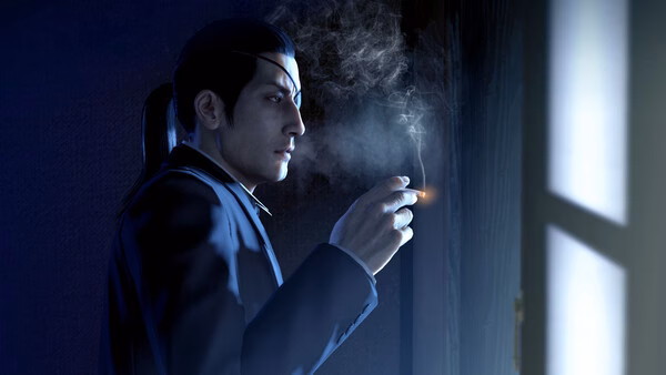 Yakuza 0 screenshot: a suited man with a ponytail smokes, exhaling in a dark room by a window.