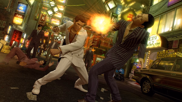 Yakuza 0 screenshot: a man in a white suit punches another man in a striped suit on a neon-lit city street.