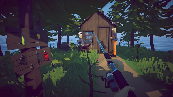 screenshot of How to Fish showing a first-person fishing rod, angler, cabin, and lake.