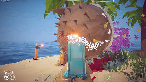 How to Fish screenshot showing a character shooting a giant spiky ball creature on a beach.