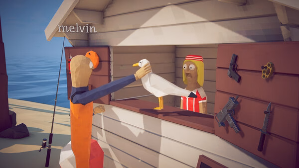 How to Fish screenshot: a man in orange overalls holds a seagull at a food stand.