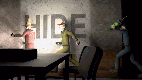 Machine Party screenshot: cartoon characters in red and yellow flee as another holds a syringe near HIDE graffiti.