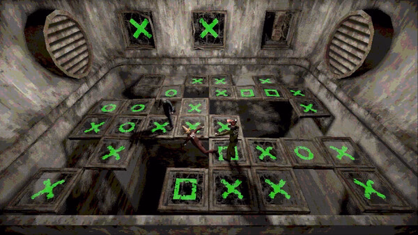 Machine Party screenshot showing characters standing on glowing green X and O tiles in a dark room.