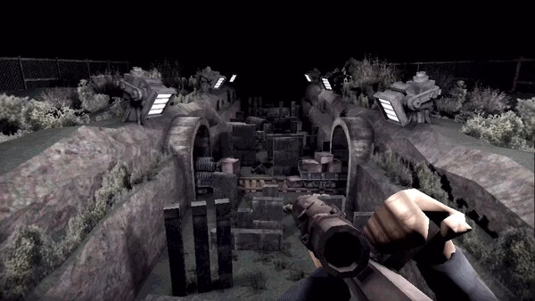 Machine Party screenshot: first-person view holding a rifle in a ruined trench with turrets.