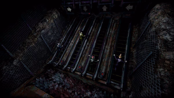 Machine Party screenshot showing four characters on sloped conveyor belts in a dark industrial room.