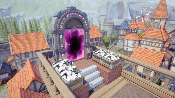 Alchemy Factory screenshot showing a fantasy town square with a glowing purple portal.
