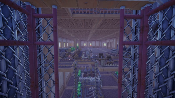 Alchemy Factory screenshot: view through barred windows into a factory with machines, pipes and green plants.