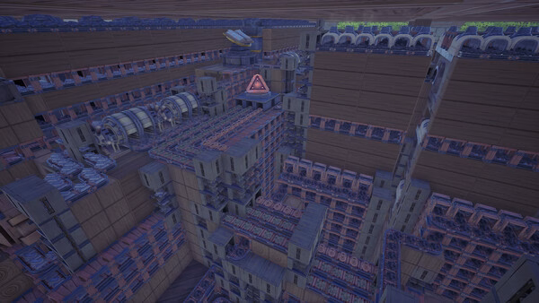 Alchemy Factory screenshot showing a sprawling multi-level industrial complex with conveyor belts and machinery.