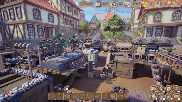 screenshot of Alchemy Factory showing a busy production line with conveyor belts and crates in a medieval town.