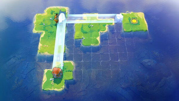Order of the Sinking Star screenshot showing floating green islands linked by glowing bridges over water.