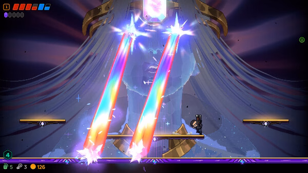 A Neon Abyss 2 screenshot showing a giant boss firing two rainbow beams at a small player.