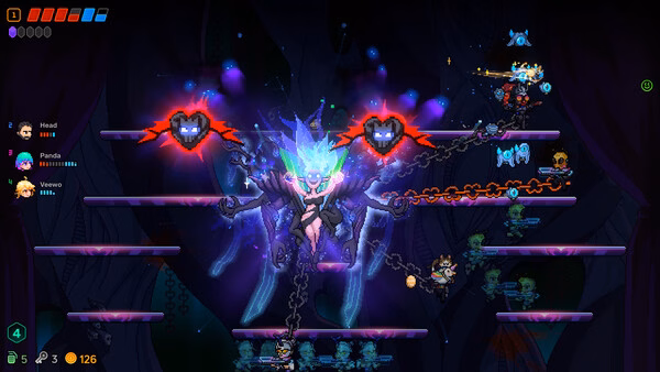 Neon Abyss 2 screenshot: a glowing blue boss with chains fights tiny characters on dark platforms.