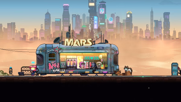 Neon Abyss 2 screenshot showing a neon-lit MARS shop and characters in a futuristic city at sunset.