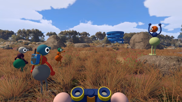 Big Walk screenshot showing colorful walkers with binoculars among rocks and tall grass.
