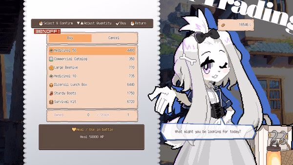 DRAPLINE screenshot shows a shop UI with an anime girl merchant, item list, and Buy button.