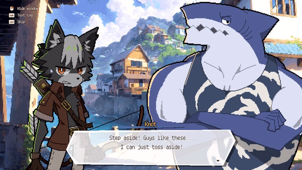 DRAPLINE screenshot: a wolf archer stands beside a muscular shark man as they talk.