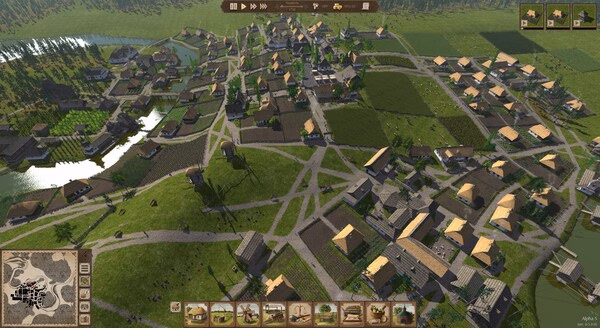 Ostriv screenshot showing an aerial view of a rural village with houses, fields, paths, and a river.