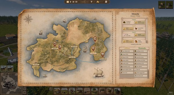 Ostriv screenshot showing a map with trade routes, ships, and settlement details.
