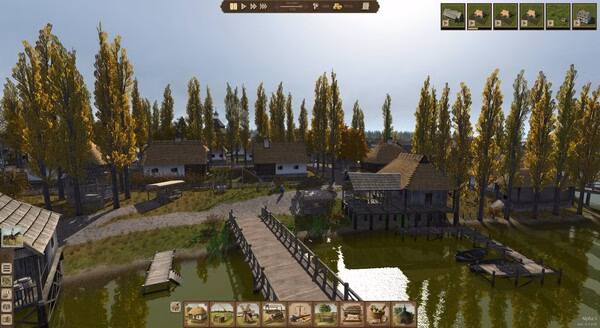 Ostriv game screenshot showing a village with a wooden bridge over water and autumn trees.