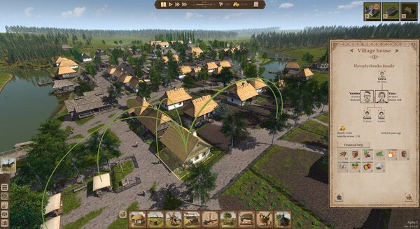 Ostriv screenshot: a quaint village with thatched houses, farm plots, river, and a village house info panel.