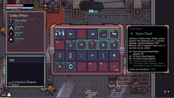 Sephiria screenshot showing inventory grid, weapon slots, and Combo Effect Storm Cloud UI