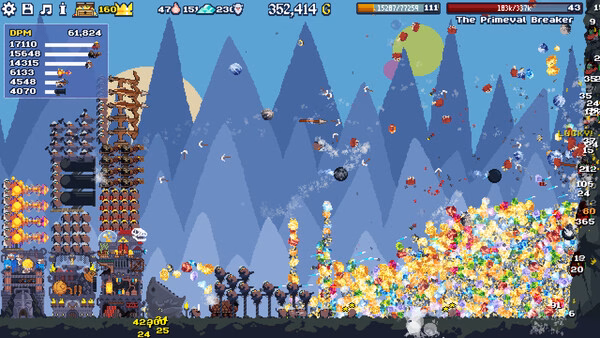 Dwarf Eats Mountain screenshot: a chaotic tower defense battle with explosions, enemies, and mountains.