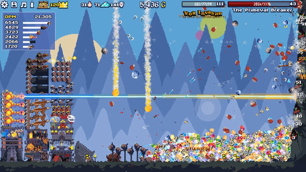 Dwarf Eats Mountain screenshot of chaotic pixel battle with towers, falling projectiles, and swarms of enemies.