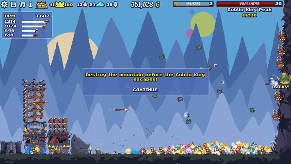 Dwarf Eats Mountain screenshot: tower defense battle, hordes of enemies, mountains, and Goblin King peak.
