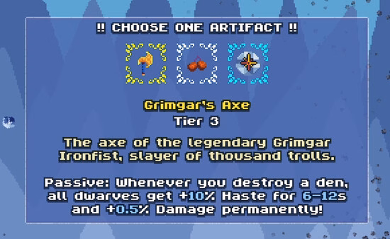 Dwarf Eats Mountain screenshot: choose one artifact screen featuring Grimgar's Axe Tier 3