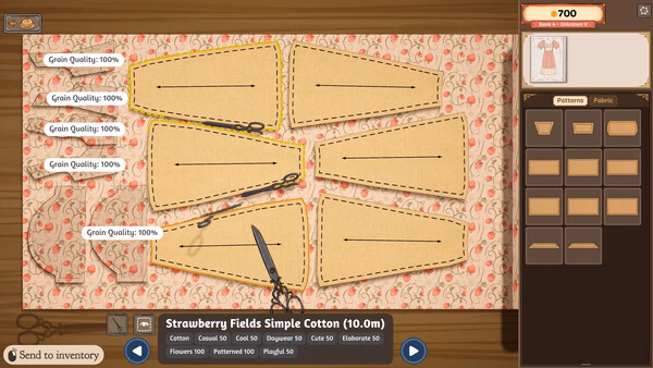 Dressmaker screenshot of a sewing interface with six cut fabric pattern pieces and scissors on floral cotton.