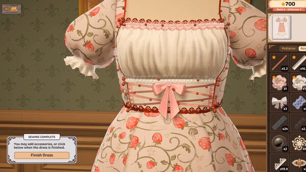 Dressmaker screenshot showing a strawberry-patterned dress with red trim and sewing complete menu.