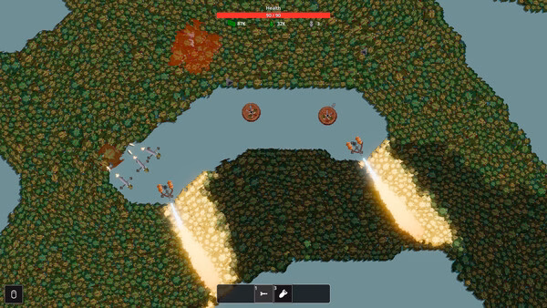 Screenshot of Sir, We Have an Orc Problem showing soldiers firing glowing beams across a forest map.
