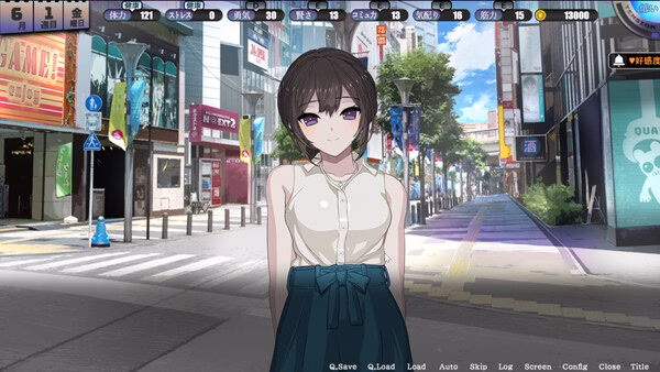 Home screenshot showing an anime girl with short brown hair in a white blouse and teal skirt standing on a city street.