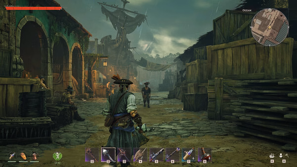 Windrose screenshot: A character in pirate attire stands in a bustling dockside town, surrounded by crates and buildings under a cloudy sky.