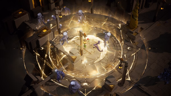 Screenshot from Torchlight: Infinite showing a mystical circular arena with glowing symbols and arcane figures surrounding the center.