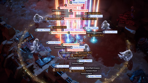 Torchlight: Infinite screenshot showing a character surrounded by glowing loot beams and scattered items in a dark, rocky area.
