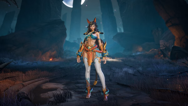 Torchlight: Infinite screenshot showing a character in vibrant armor standing in a mystical, moonlit landscape with rocky terrain.