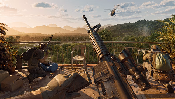 Screenshot from Gray Zone Warfare: Three soldiers on a balcony aiming rifles at a distant helicopter in a lush jungle setting.