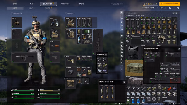 This is a Gray Zone Warfare screenshot showing a player's inventory screen with various weapons, armor, and equipment.