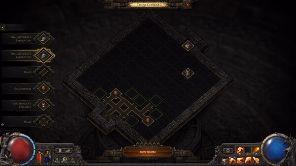 Path of Exile 2 screenshot: A dungeon map interface showing routes and rooms, with player icons and skill buttons visible below.