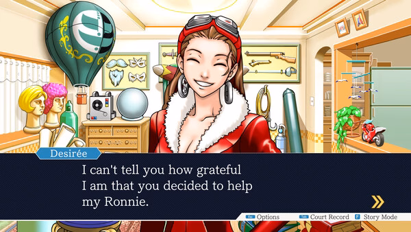 Phoenix Wright: Ace Attorney Trilogy screenshot: Desirée speaks in a brightly decorated room filled with various objects and memorabilia.