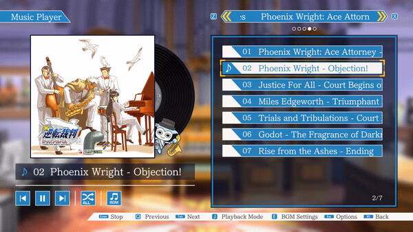 Screenshot of the music player menu in Phoenix Wright: Ace Attorney Trilogy, showing track options and album art.