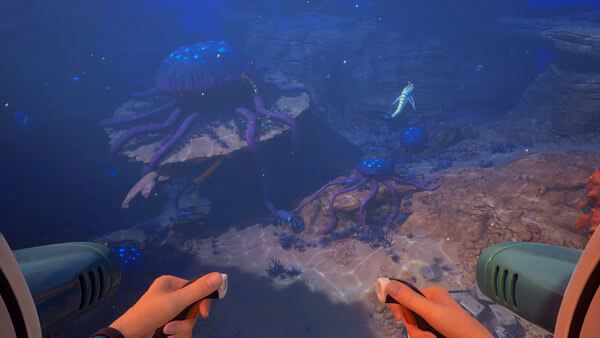 Subnautica 2 screenshot: Player controls a submersible, exploring an underwater scene with glowing jellyfish-like creatures and rocky terrain.
