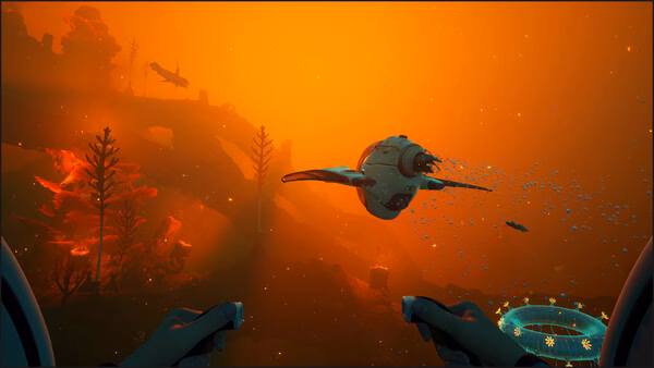 Subnautica 2 screenshot: A diver's view of vibrant marine life and a futuristic submarine amidst glowing underwater terrain.