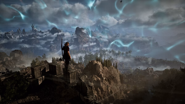 Screenshot from Gothic 1 Remake showing a lone figure standing on a stone platform overlooking a vast, mountainous landscape.