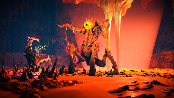 Screenshot from Deep Rock Galactic: Rogue Core showing a fierce alien creature in an underground cavern with glowing crystals.